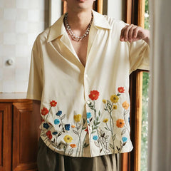 HEARUJOY - Hawaiian Flower 3D Print Men Casual Fashion Short Sleeves Lapel Beach Tops Summer Oversized Loose Shirts Unisex Clothing