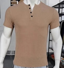 HEARUJOY - Men's Threaded T-shirt Summer Running Sports Fitness Clothes Muscle Slim Fit Short Sleeve T-shirt V-neck Collar Casual Tops