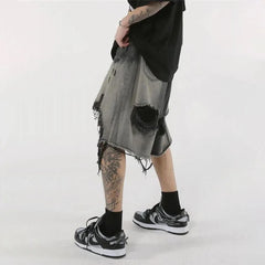 Hearujoy High Street Loose Washed Old Ripped Shorts American Retro Shorts Summer Street Y2K Hip Hop Tassel Wide Leg Casual Denim Shorts