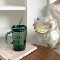 YICKYUE - 400ml Retro Glass Tumbler With Lid And Straw Glass Coffee Cup Thick Glass Mug Milk Juice Cup Transparent/Green Juice Mocha Cups