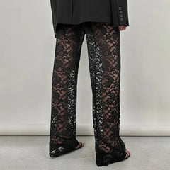 HEARUJOY - Women's Lace See Through Pants High Waisted Straight Leg Pants Sheer Streetwear Summer Casual Stitching Trousers