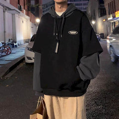Hearujoy Hoodies men fake two-piece sweatshirt autumn stitching Korean loose contrast color hooded long-sleeved black white gray design