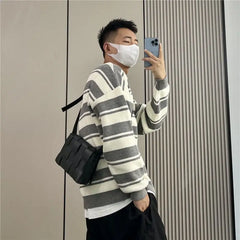 HEARUJOY - Retro Striped Men's Loose New Trendy Round Neck Sweater