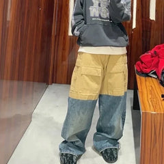 Hearujoy Color Match Ripped Hole Baggy Multi-pockets Wide Leg Cargo Pants Mens Streetwear Patchwork Loose Baggy Overalls Oversized Jeans