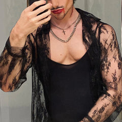 HEARUJOY - Mens esh Tops See Through Long Sleeve Floral Clubwear Party Tee Blouse Polyester Black Fit M~2XL Casual Button Down Shirts