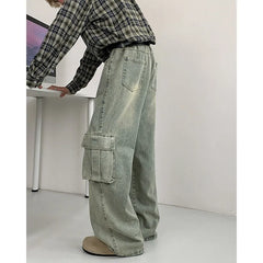 HEARUJOY - Black Baggy Jeans Men Retro Pocket Jeans Men Vintage Trousers Streetwear Hip-hop Loose Wide Leg Jeans Mens Denim Cargo Pants