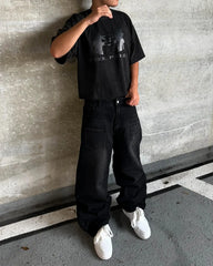 Hearujoy Black Baggy White Cherry Blossoms Print Jeans Y2k Retro Multiple Pockets Straight Wide Leg Denim Pants Men Women Rock Streetwear