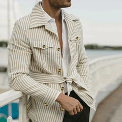 Hearujoy Mens Casual Streetwear Striped Long-sleeved Shirt 2024 Spring Summer New Fashion Button Pocket Lace-up Mid-length Shirt for Men