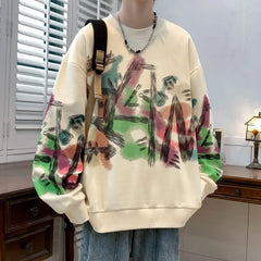 HEARUJOY - Men's Long Sleeve T-Shirt Graffiti Spring Autumn New Trendy Round Neck Youth Base Layer Top