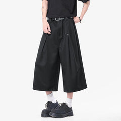 HEARUJOY - Korean Style Men Casual Shorts Solid Color Pleated Design Metal Design Cropped Trousers Cleanfit Male Bottom Simple