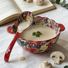 YICKYUE - Ceramics Soup Bowl Delicate Cookware Double Handle Large Capacity Bowl With Spoon Underglaze Color Home Utensils For Kitchen