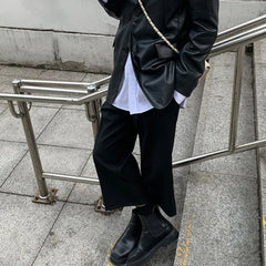 Hearujoy Mens Dark Style Casual Wide Leg Cropped Pants 2024 New Genderless Fashion Versatile Thin Retro Solid Color Suit Pants Unisex