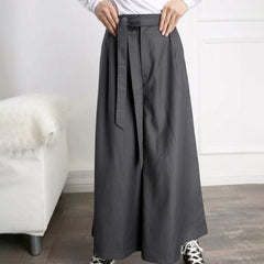 Hearujoy Mens Japanese Casual Street Wide Leg Pants With Belt Genderless Autumn Fashion Trendy Solid Color Loose Nine-Point Skirts Unisex