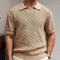 HEARUJOY - Summer New Men's Solid Color Jacquard Hollow Short-Sleeved Shirt Retro Fashion Trend Casual Simple Loose Breathable Men's Tops