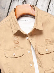HEARUJOY - Men's Khaki Ripped Long - Sleeve Shirt for Summer, Trendy Street Style