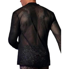 HEARUJOY - New Men's Fashion Transparent Mesh Shirt, V-neck Single-breasted Long-sleeved T-shirt, Cardigan Top