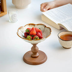 YICKYUE - Chinese Retro Style Wooden High-Footed Ceramic Fruit Dish Creativity Living Room Fruit Dim Sum Storage Tray Desktop Ornament