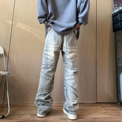 HEARUJOY - Y2K Streetwear Washed Blue Baggy Stacked Jeans Pants For Men Clothing Straight Old Hip Hop Denim Trousers Pantalones Hombre
