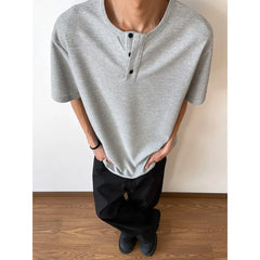 HEARUJOY - Summer Short Sleeved T-shirt Men Black White Casual T Shirt Men Streetwear Korean Loose Round Neck Button T Shirt Mens Top M-3XL