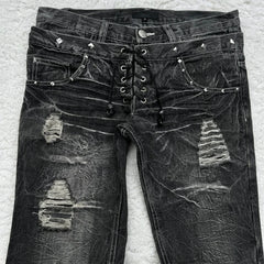 Hearujoy Y2K Washed Jeans Gothic Retro Micro Flared Double Waisted Lace Up Pants Men Women Streetwear High Quality Design Sense Trousers