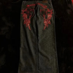 Hearujoy Dark Black Cross Gothic embroidery Red Pattern y2k High Waist Jeans men clothing 2000s American Retro Street Popular Casual Pant