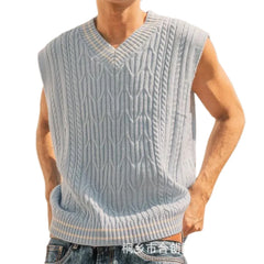 HEARUJOY - Men's Color Matching Knitted Sleeveless Vest Retro Fashion Trend Simple Casual Loose Breathable Summer New Men's Tops
