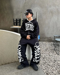 Hearujoy Hip Hop Letter Print Oversized Zip Up Hoodie Sweatpants Two Piece Set Y2K Clothes Tracksuit Men Casual Pants Tops Men Clothing