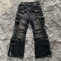 Hearujoy New Heavy Industry Punk Multi-Pocket Harajuku Washed Jeans Women's High Waisted Baggy Jeans Men's Y2K Hip-Hop Wide Leg Pants