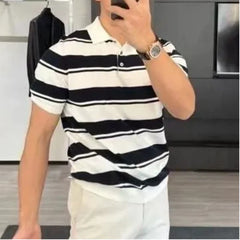 HEARUJOY - Men's Summer Striped Ice Silk Knit T-shirt Short Sleeve Lapel Versatile Casual Basic Top For Outer Wear