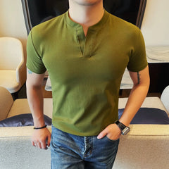 HEARUJOY - Men's 92% Cotton Henley Collar V-Neck Short Sleeve Tee Summer Solid Color Slim Fit Casual T-Shirt in 7 Classic Versatile Colors