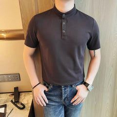 HEARUJOY - Men's 65% Cotton Henley Collar Short Sleeve Polo Shirt Summer Solid Color Stand Neck Tee, Versatile Casual & Smart Styling