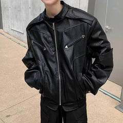 HEARUJOY - American Vintage High Street Leather Jacket Men Long Sleeve Stand Collar Motorcycle Tops Spring Autumn Fashion Handsome PU Coat