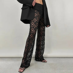 HEARUJOY - Women's Lace See Through Pants High Waisted Straight Leg Pants Sheer Streetwear Summer Casual Stitching Trousers