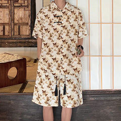 Hearujoy 5XL-M Ice Silk Butterfly Printed Shirt High Quality Fashion Shorts Hawaiian Casual Floral Tops INS HOT Men's and Women's Sets