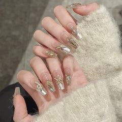 YICKYUE - Handmade French Cat Eye Press on Nails Glitter Champagne Crystal Butterfly False Nails 3d Rhinestone Snake New Year Fake Nails