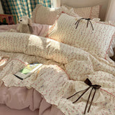 YICKYUE - 3/4Pcs Bedding Set Euro Princess Bedding Duvet Cover Cotton 100% Lace Bow Bed Linen With Ruffles Double Bed Lace Pillowcase