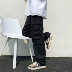 HEARUJOY - Trendy Korean Workwear Pants for Men Spring Autumn Loose Straight Casual Hong Kong Sle Pure Cotton Long Pants with Big kets