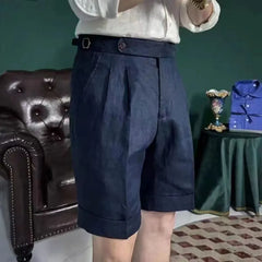 HEARUJOY - British Style Men Naples Linen Shorts Paris Waist Buckle Button Knee Length Pant Summer High Quality Casual Loose Short Trouser