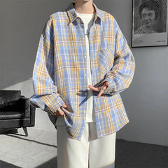 HEARUJOY - Black Long Sleeved Shirt Men Retro Plaid Shirt Men Japanese Streetwear Loose Casual Shirt Mens Vintage Shirts Large Size 5XL