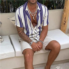 HEARUJOY - New Men's Slub Cotton Shirt Stripe Short Sleeve Collar Cardigan Summer Fashion Loose Oversize Shirts Top Streetwear Male