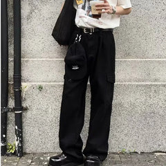 HEARUJOY - Big Pocket White Mens Cargo Pants Loose Straight Tube High Street Trousers Solid Simplicity Trend Wide Legs Overalls