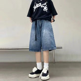 Hearujoy Mens Y2k Casual Streetwear Denim Shorts with Belt 2024 Spring Summer New Genderless Sports Simple Solid Color Loose Jeans Unisex