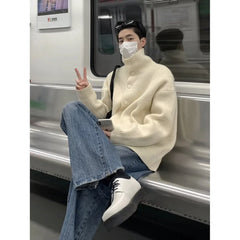 HEARUJOY - Men New Cardigan Single Breasted Sweaters Long Sleeve Flat Knitted Jumpers Turtleneck Solid Spliced Button High Street Loose