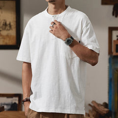 HEARUJOY - Summer Men Heavyweight Short Sleeve T-shirt High Quality Sold Color Button Slim-Fit Henley T-Shirts with Pocket