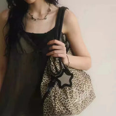 YICKYUE - Autumn Winter Embroidered Leopard Print Tote Bag Single Shoulder Star Mirror Pendant Y2K Trendy Women's Handbag Casual Travel