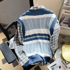 HEARUJOY - Men's Clothing Japanese Style Striped Embroidery Vintage All Match Sweater Vest Casual V Neck Sleeveless Loose Knitted Waistcoat