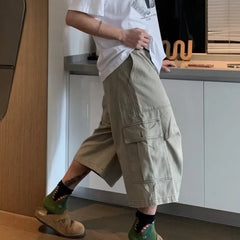 HEARUJOY - Cargo Cropped Pants Mens Summer New Multiple Pockets Casual Wide Leg Tooling Shorts Street Retro Paratrooper Overalls Thin