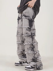 Hearujoy Striped Tassel Frayed Straight Baggy Jeans Hip Hop Black Tie-dye Pants Harajuku Male Female Streetwear Casual Denim Trousers