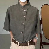 Hearujoy Autumn Mens French High-End Solid Color Short-Sleeved Stand-Up Collar Shirt Niche Design Simple And Chic Street Lgbt Button Top