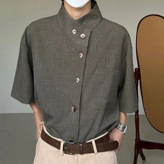 Hearujoy Autumn Mens French High-End Solid Color Short-Sleeved Stand-Up Collar Shirt Niche Design Simple And Chic Street Lgbt Button Top